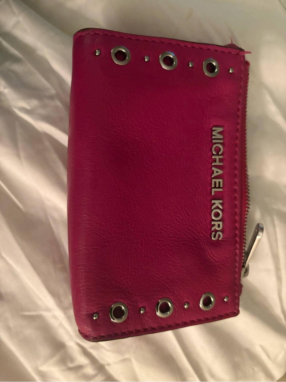 Michael Kors Hot Pink Leather Zip Around Wallet with Silver Grommets